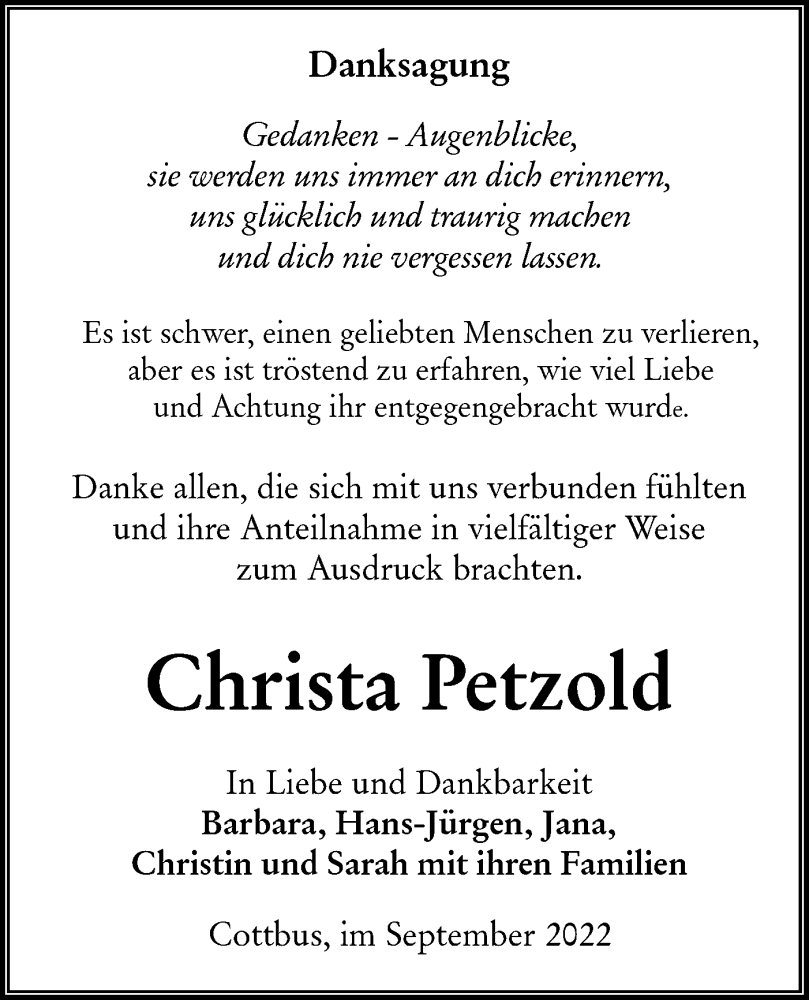  Traueranzeige für Christa Petzold vom 24.09.2022 aus lausitzer_rundschau