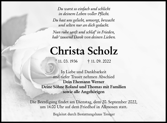Traueranzeige von Christa Scholz von lausitzer_rundschau