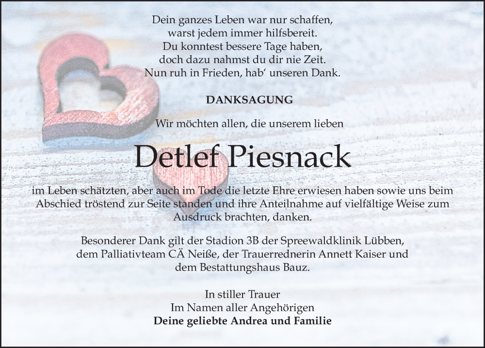  Traueranzeige für Detlef Piesnack vom 17.09.2022 aus lausitzer_rundschau