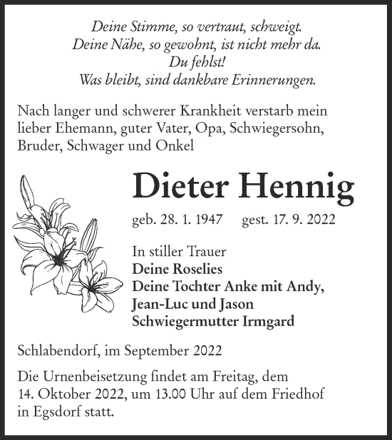 Traueranzeige von Dieter Hennig von lausitzer_rundschau