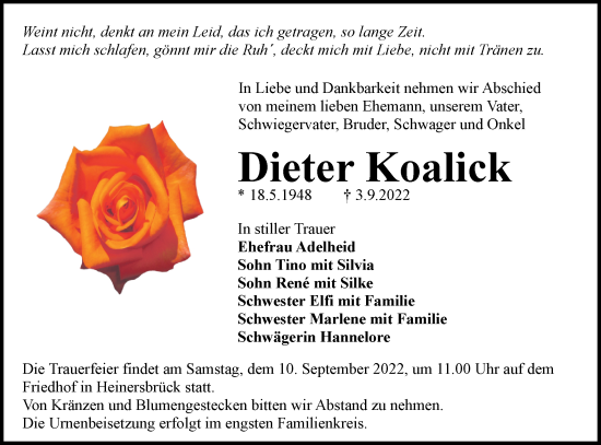 Traueranzeige von Dieter Koalick von lausitzer_rundschau