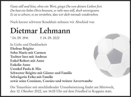Traueranzeige von Dietmar Lehmann von lausitzer_rundschau