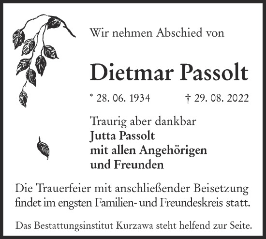 Traueranzeige von Dietmar Passolt von lausitzer_rundschau