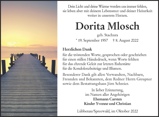 Traueranzeige von Dorita Mlosch von lausitzer_rundschau