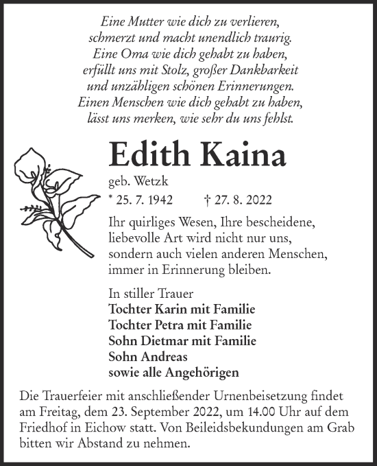 Traueranzeige von Edith Kaina von lausitzer_rundschau