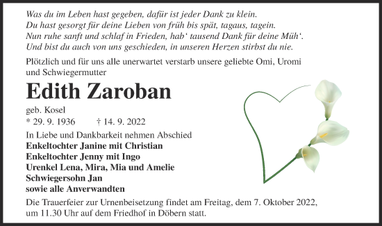 Traueranzeige von Edith Zaroban von lausitzer_rundschau