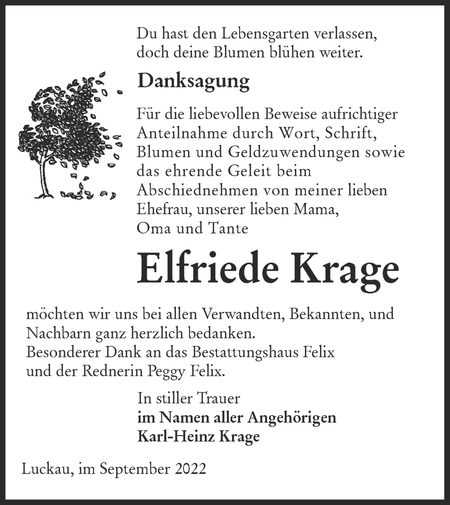  Traueranzeige für Elfriede Krage vom 17.09.2022 aus lausitzer_rundschau