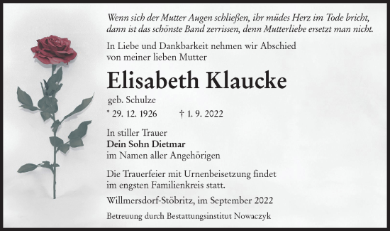 Traueranzeige von Elisabeth Klaucke von lausitzer_rundschau