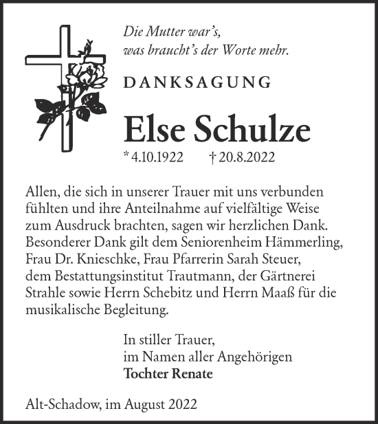 Traueranzeige von Else Schulze von lausitzer_rundschau