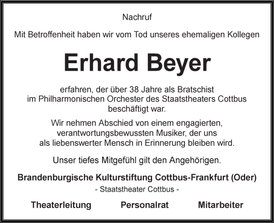 Traueranzeige von Erhard Beyer von lausitzer_rundschau
