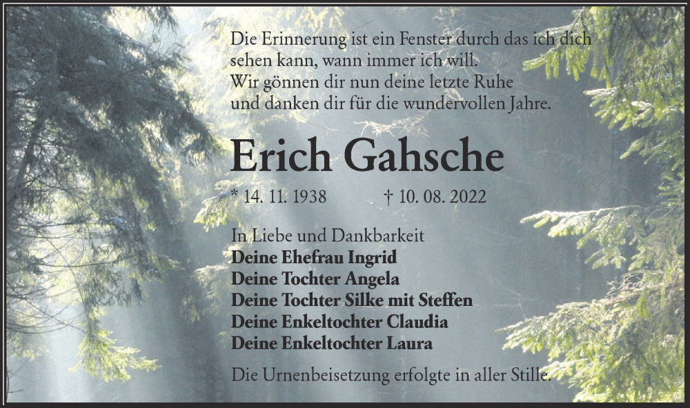  Traueranzeige für Erich Gahsche vom 03.09.2022 aus lausitzer_rundschau