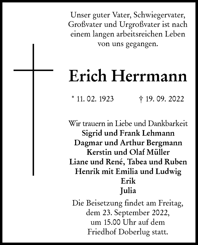  Traueranzeige für Erich Herrmann vom 22.09.2022 aus lausitzer_rundschau