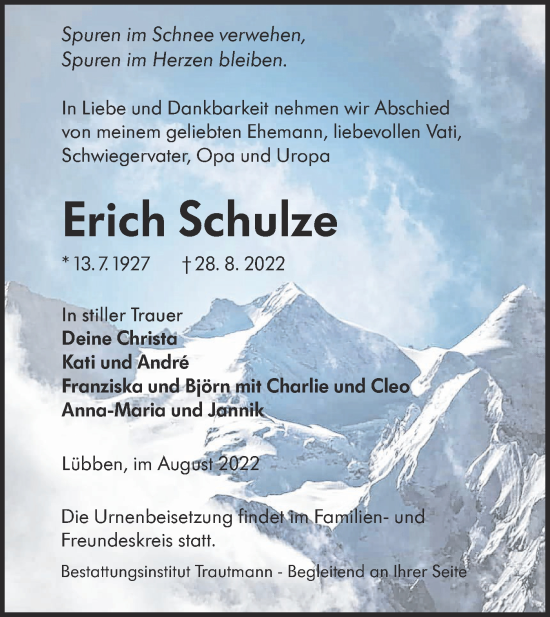 Traueranzeige von Erich Schulze von lausitzer_rundschau