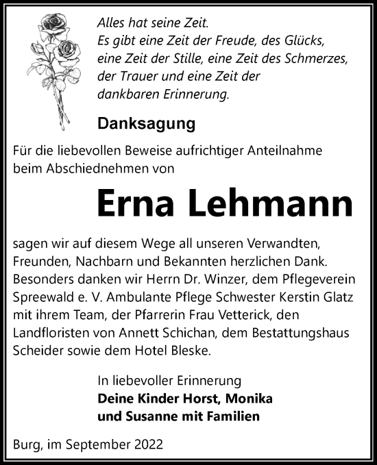 Traueranzeige von Erna Lehmann von lausitzer_rundschau