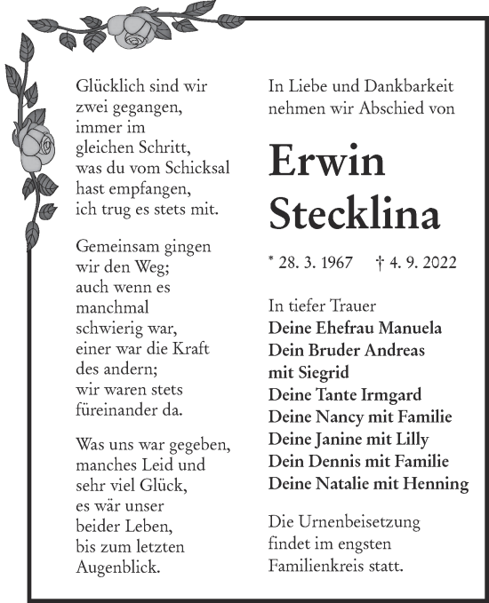 Traueranzeige von Erwin Stecklina von lausitzer_rundschau