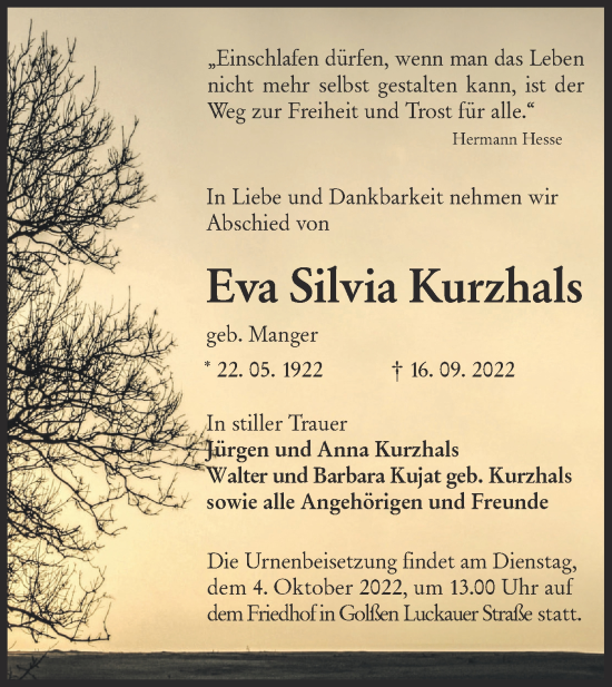 Traueranzeige von Eva Silvia Kurzhals von lausitzer_rundschau
