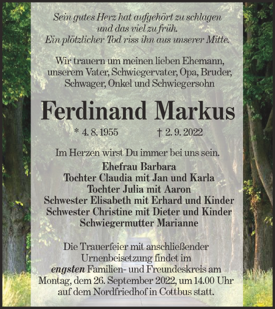 Traueranzeige von Ferdinand Markus von lausitzer_rundschau