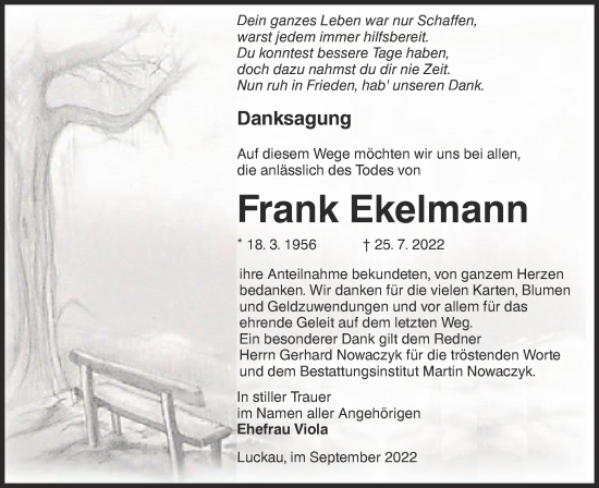 Traueranzeige von Frank Ekelmann von lausitzer_rundschau