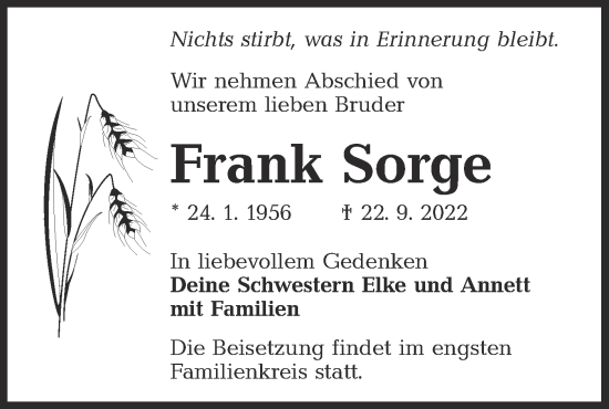 Traueranzeige von Frank Sorge von lausitzer_rundschau