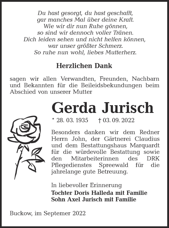 Traueranzeige von Gerda Jurisch von lausitzer_rundschau