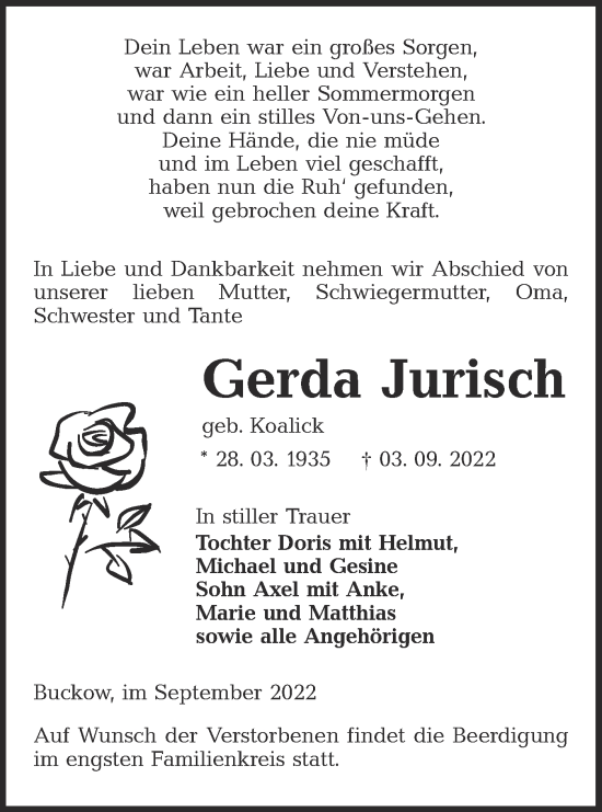 Traueranzeige von Gerda Jurisch von lausitzer_rundschau