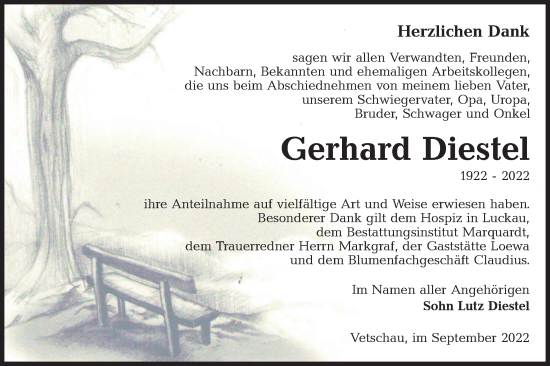 Traueranzeige von Gerhard Diestel von lausitzer_rundschau