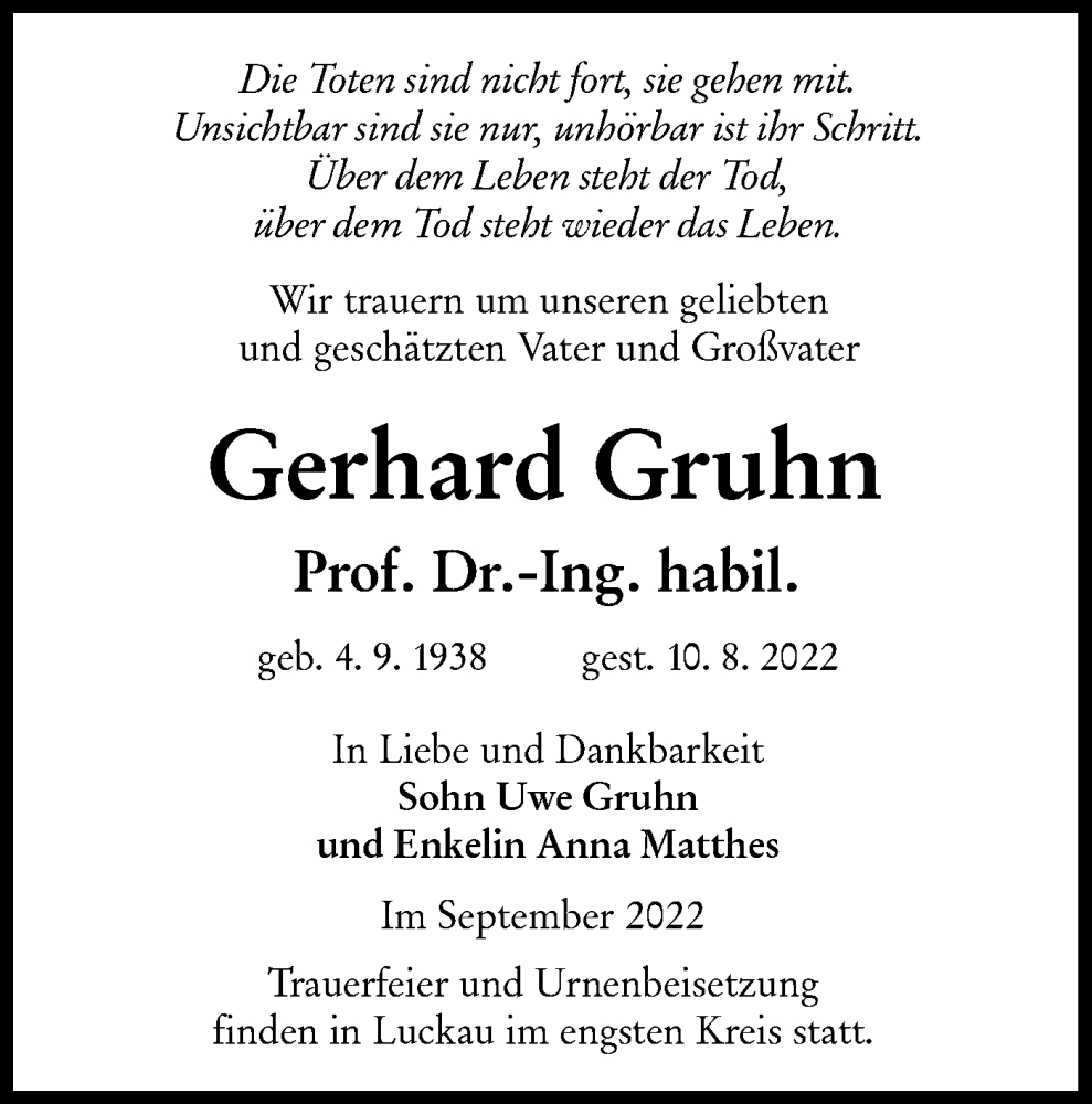  Traueranzeige für Gerhard Gruhn vom 10.09.2022 aus lausitzer_rundschau