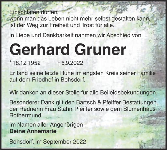 Traueranzeige von Gerhard Gruner von lausitzer_rundschau