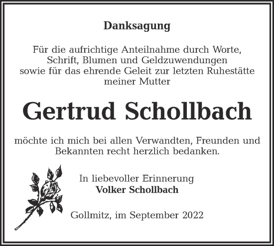 Traueranzeige von Gertrud Schollbach von lausitzer_rundschau