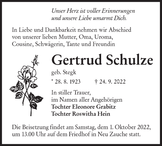 Traueranzeige von Gertrud Schulze von lausitzer_rundschau