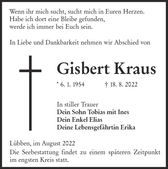 Traueranzeige von Gisbert Kraus von lausitzer_rundschau