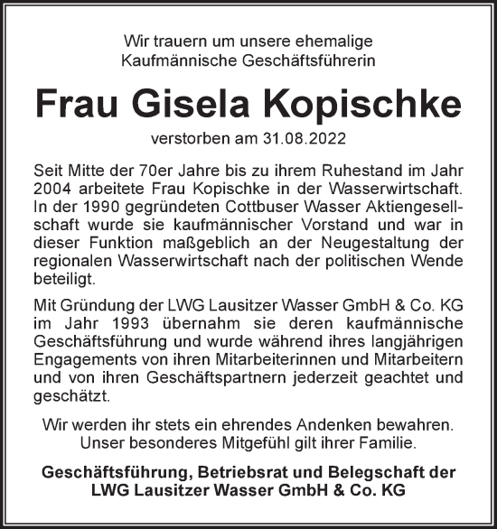 Traueranzeige von Gisela Kopischke von lausitzer_rundschau