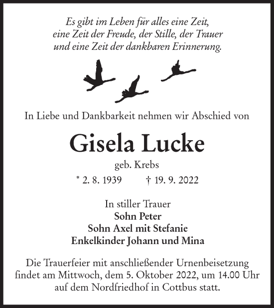 Traueranzeige von Gisela Lucke von lausitzer_rundschau