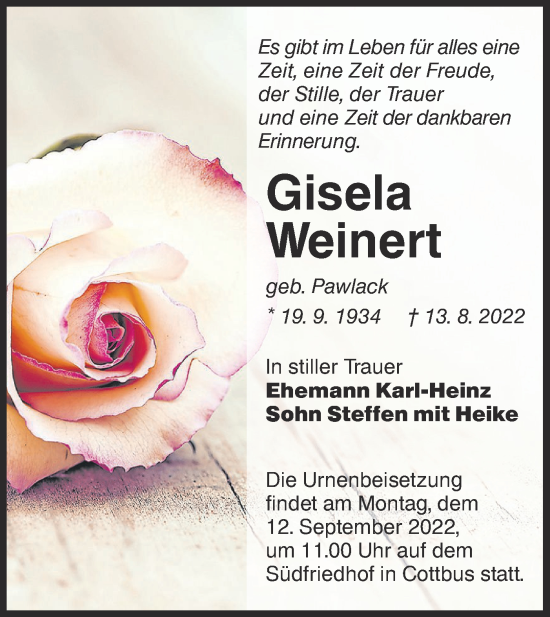 Traueranzeige von Gisela Weinert von lausitzer_rundschau