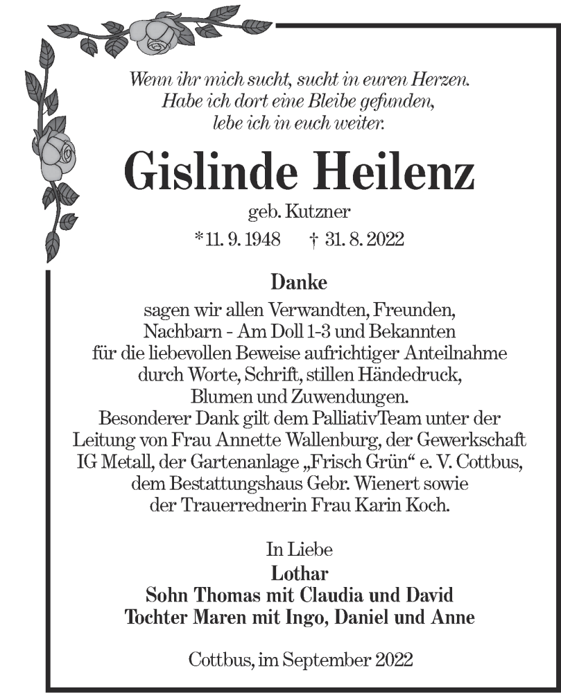  Traueranzeige für Gislinde Heilenz vom 01.10.2022 aus lausitzer_rundschau