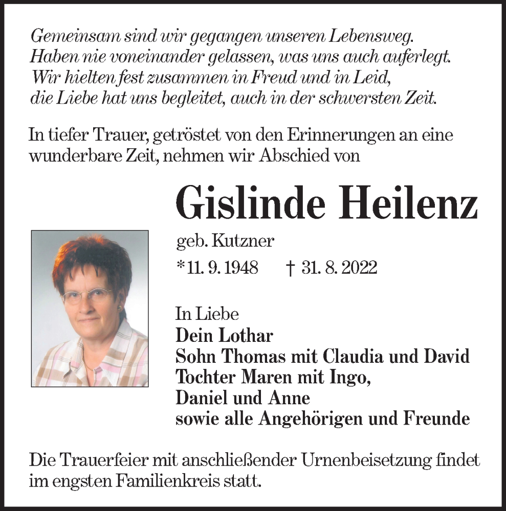  Traueranzeige für Gislinde Heilenz vom 10.09.2022 aus lausitzer_rundschau