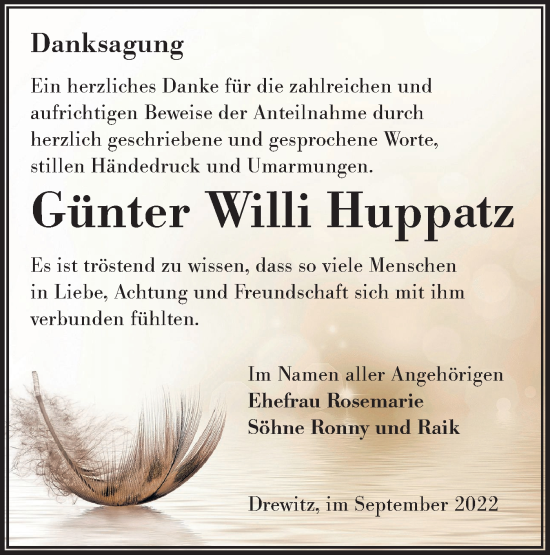 Traueranzeige von Günter Willi Huppatz von lausitzer_rundschau