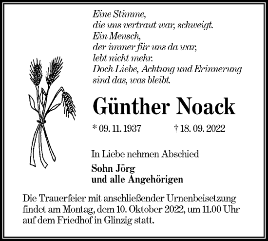 Traueranzeige von Günther Noack von lausitzer_rundschau