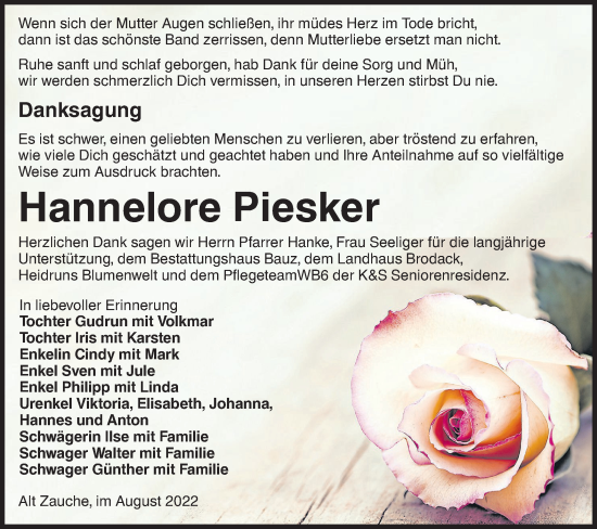 Traueranzeige von Hannelore Piesker von lausitzer_rundschau