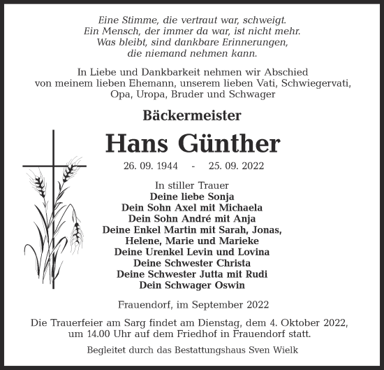 Traueranzeige von Hans Günther von lausitzer_rundschau