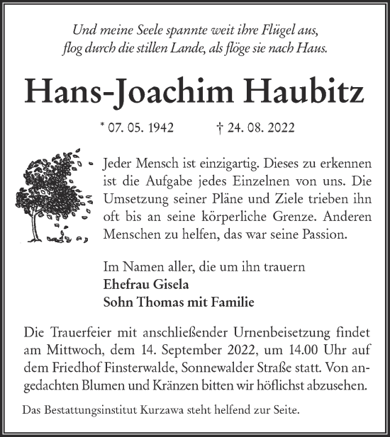 Traueranzeige von Hans Joachim Haubitz von lausitzer_rundschau