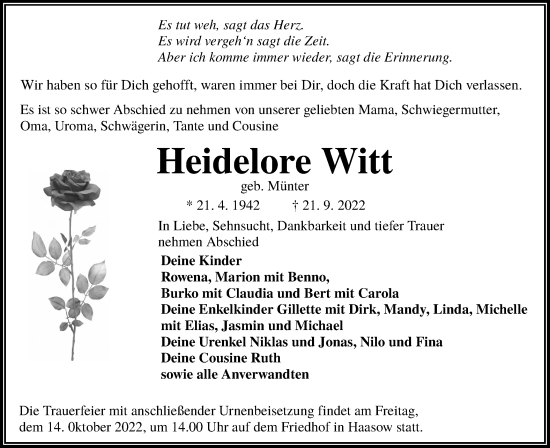 Traueranzeige von Heidelore Witt von lausitzer_rundschau