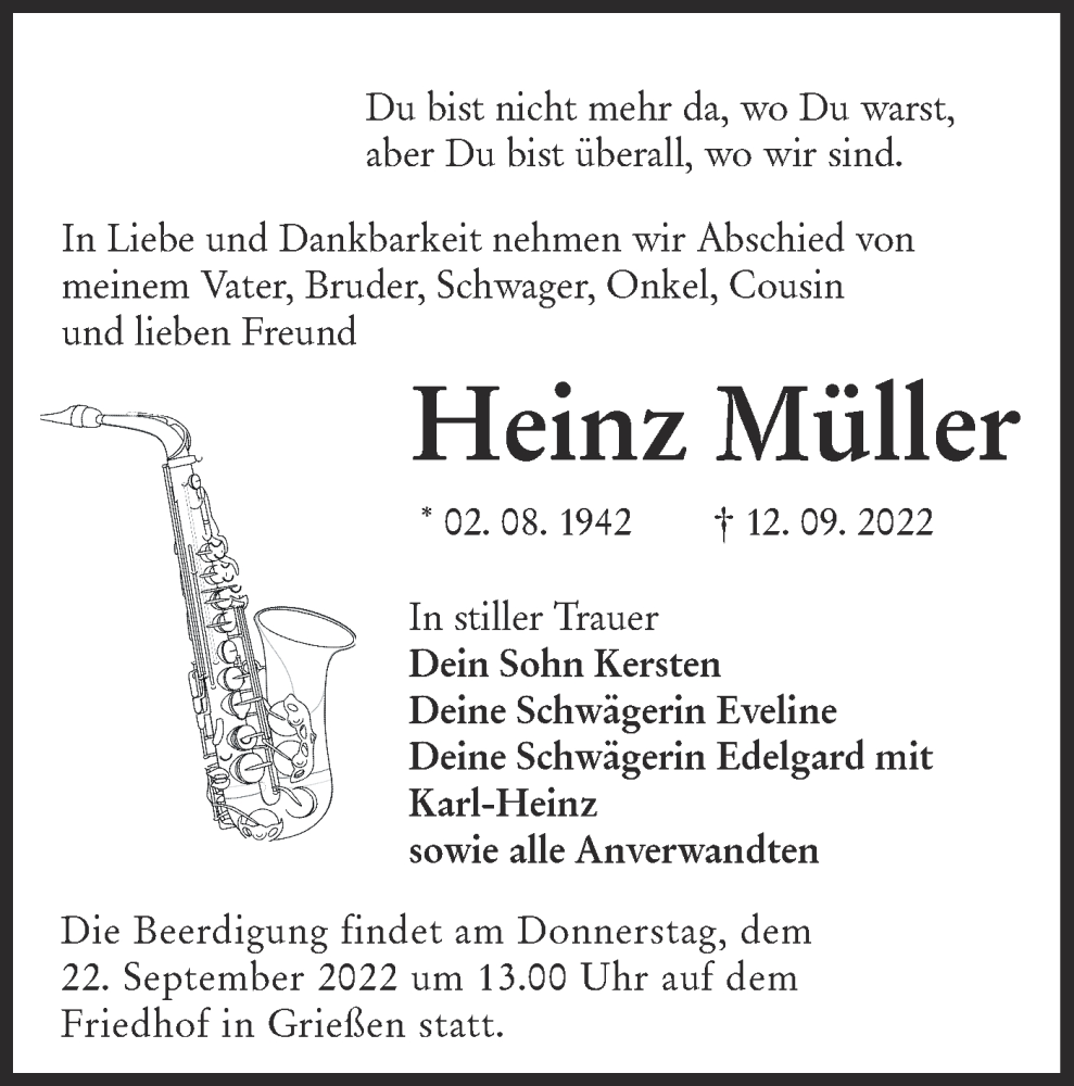  Traueranzeige für Heinz Müller vom 17.09.2022 aus lausitzer_rundschau
