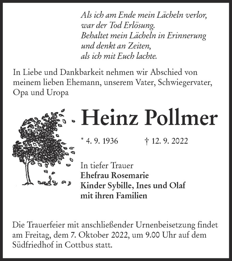  Traueranzeige für Heinz Pollmer vom 24.09.2022 aus lausitzer_rundschau