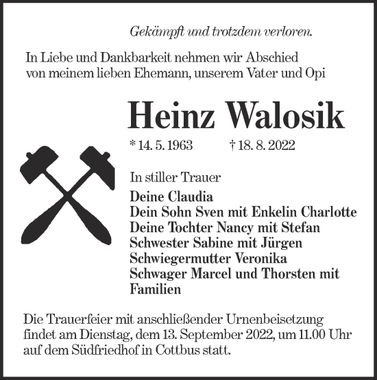 Traueranzeige von Heinz Walosik von lausitzer_rundschau