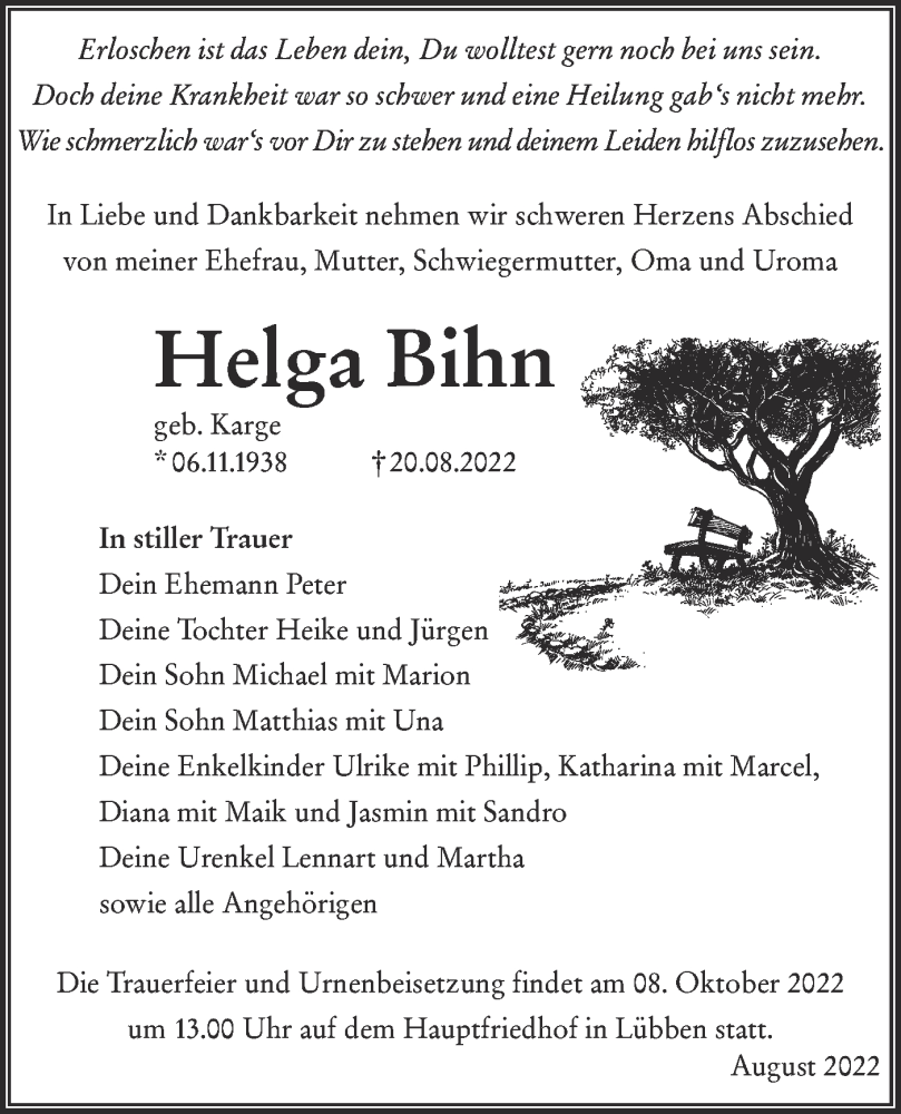  Traueranzeige für Helga Bihn vom 03.09.2022 aus lausitzer_rundschau