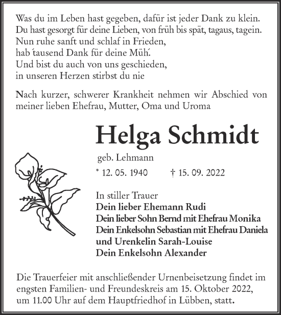 Traueranzeige von Helga Schmidt von lausitzer_rundschau