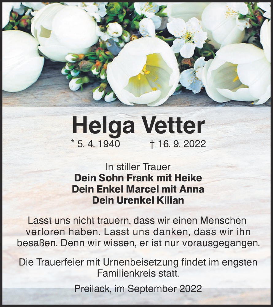 Traueranzeige für Helga Vetter vom 24.09.2022 aus lausitzer_rundschau