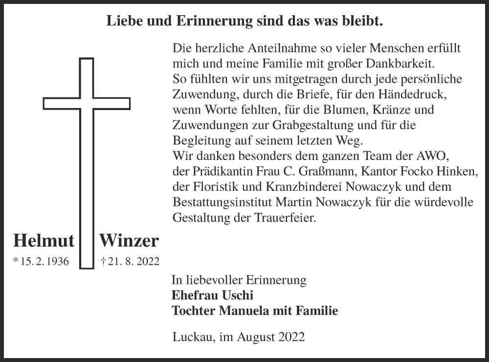  Traueranzeige für Helmut Winzer vom 09.09.2022 aus lausitzer_rundschau