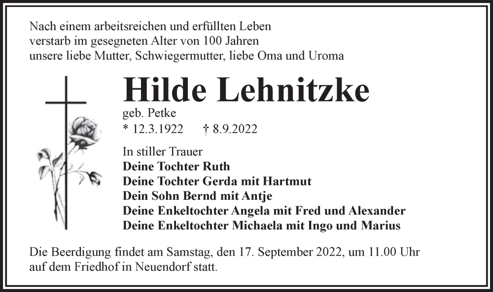  Traueranzeige für Hilde Lehnitzke vom 14.09.2022 aus lausitzer_rundschau